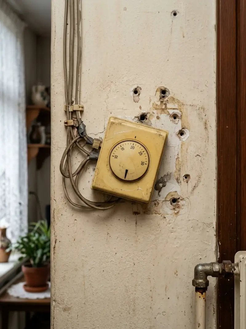 Oude analoge thermostaat met losse bedrading op de muur